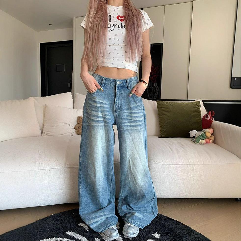 Design Crease Washed Jeans Women Spring and Summer Loose Wide Leg Trousers Do Old High Waist Straight Trousers Jeans for Women Long Denim Pants