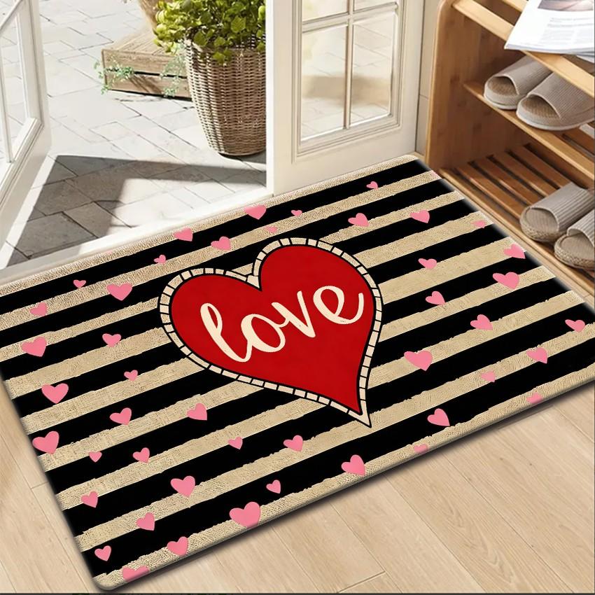 

1pc Love Heart Door Mat – Striped Pattern with Red Heart, Soft Entryway Mat for Bedroom, Kitchen 40x60cm16x24in
