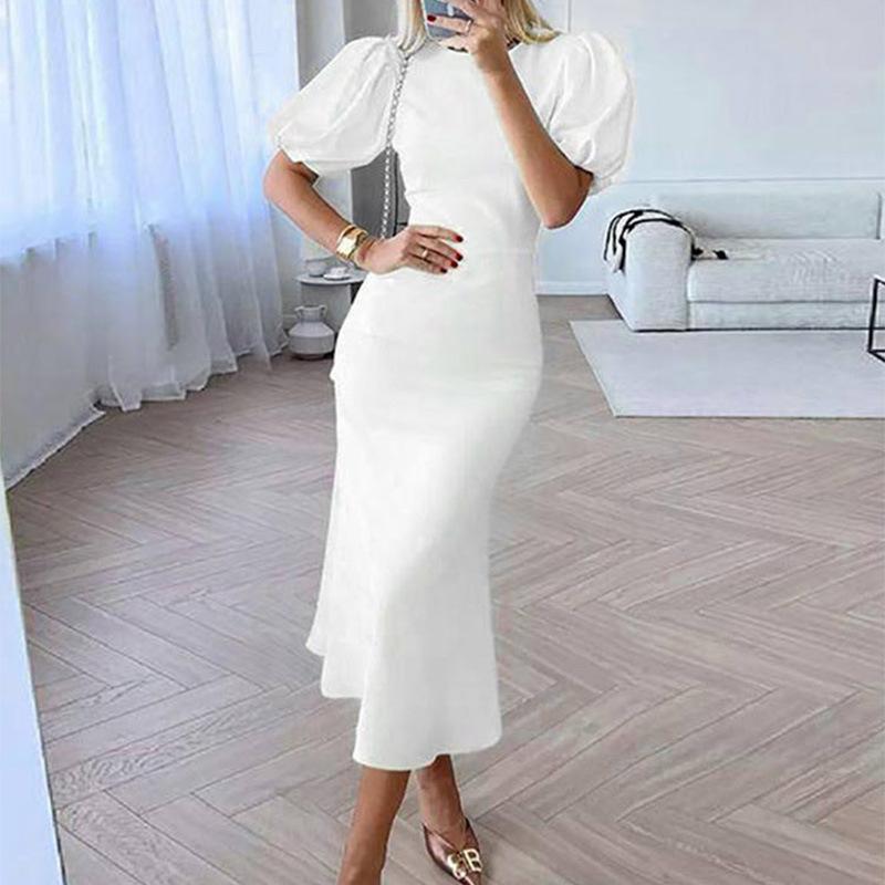 Jarní Nové Dámské Jednobarevné Šaty s Kulatým Výstřihem, Vysokým Pasem a Štíhlou A-linií