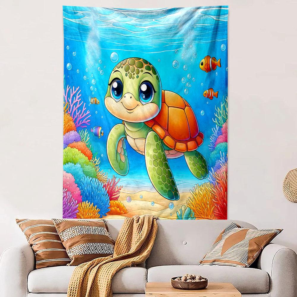 Cute Sea Turtle Underwater with Coral Reef Patterned Tapestry Decorative Wall Hanging, Home Bedroom Living Room Decor