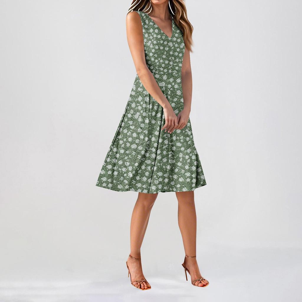 Women's Four Side Stretch Floral Sleeveless V-Neck Waist Cinching Dresses