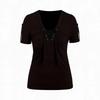 Women S Casual Short Sleeve V Neck Lace Up Solid Color T Shirt