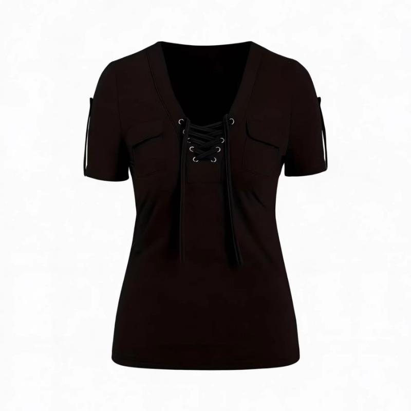 Women S Casual Short Sleeve V Neck Lace Up Solid Color T Shirt
