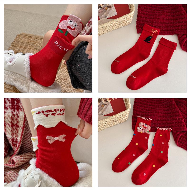 Women's Christmas Red Cartoon Mid-Calf Socks for Autumn and Winter