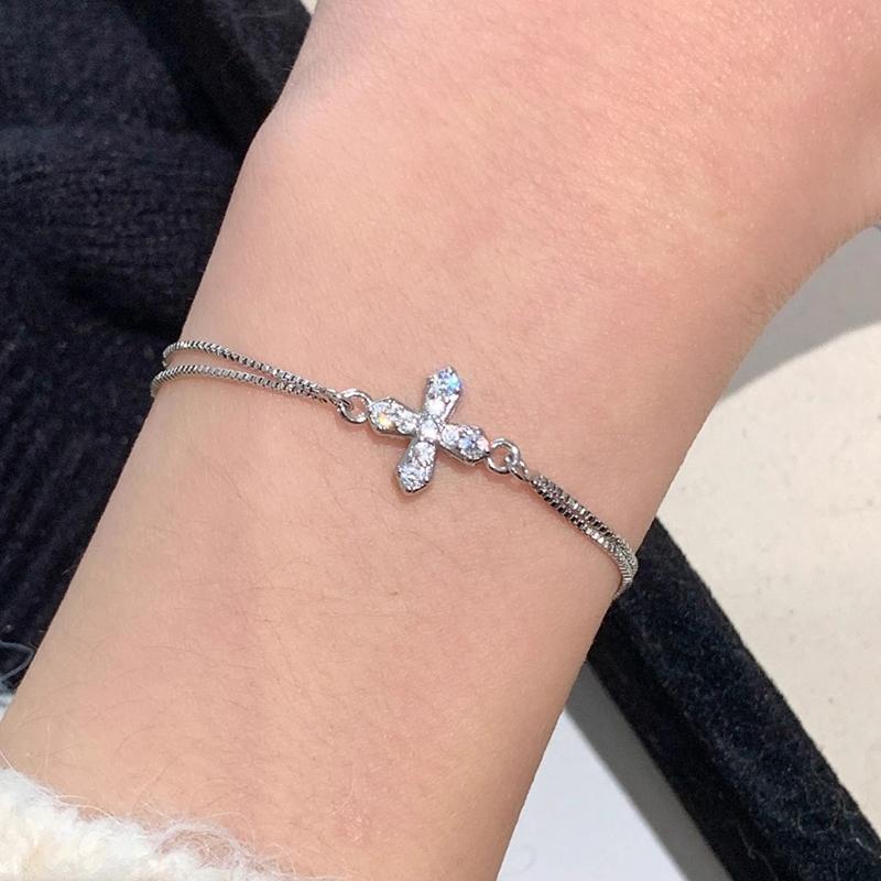 

ANENJERY Double Layered chain Cross Zircon Bracelet for Women Vintage Luxury Design Simple Luxury Design Jewelry Gifts Wholesale серебряный