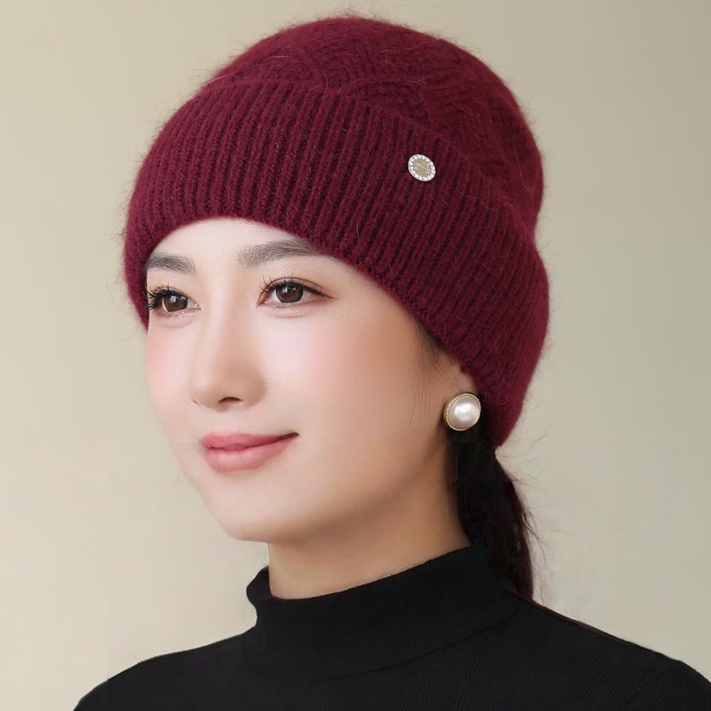 

Женская Мода Зимняя Теплая Шапка Женская Стильная Шапка-Бини Для Женщин Повседневная Вязаная Шапка из Смеси Кроличьего Меха 56cm-60cm красный