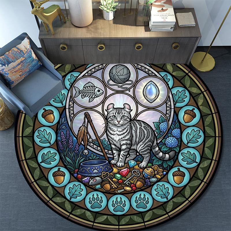 Glass Cat Mandala Round Area Rug Under Office Chairs Bedroom Living Room Home Decor