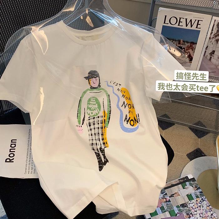 200g pure cotton back bag collar 2025 early spring new portrait printing short-sleeved T-shirt women's summer round neck trendy top