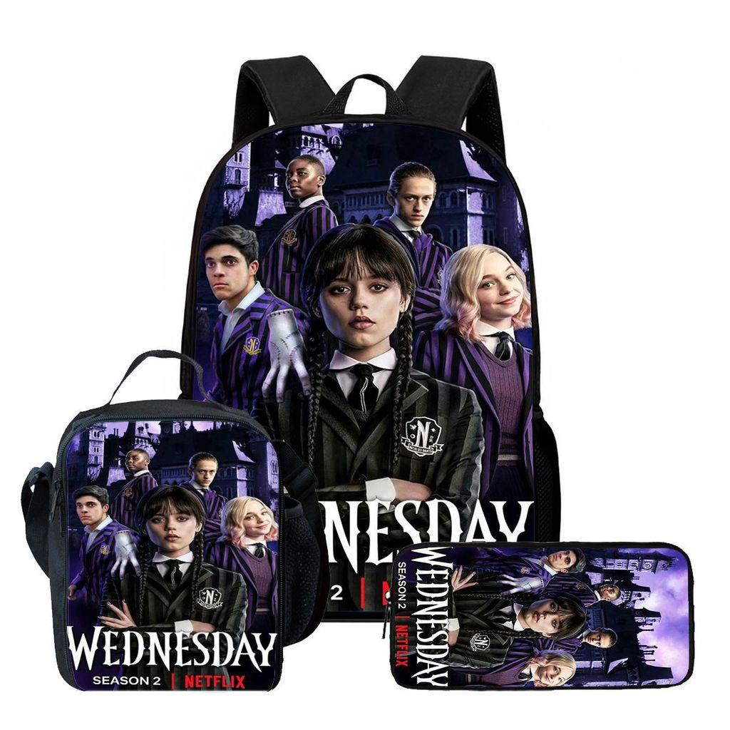 Wednesday Backpack Lunch Bag Pen Case Set With Geometric Pattern For Daily Use