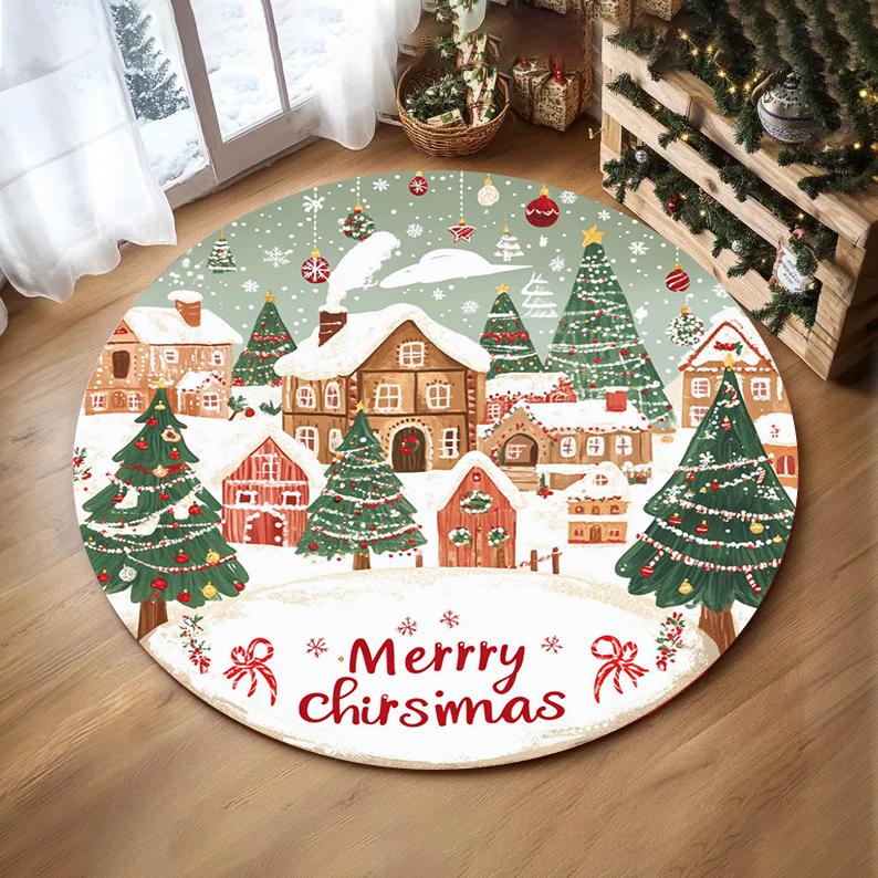 Christmas Snowflake Christmas Tree Round Rug Holiday Decor Cozy Living Room Bedroom FloorMat Winter Seasonal Decor Bedside Rug