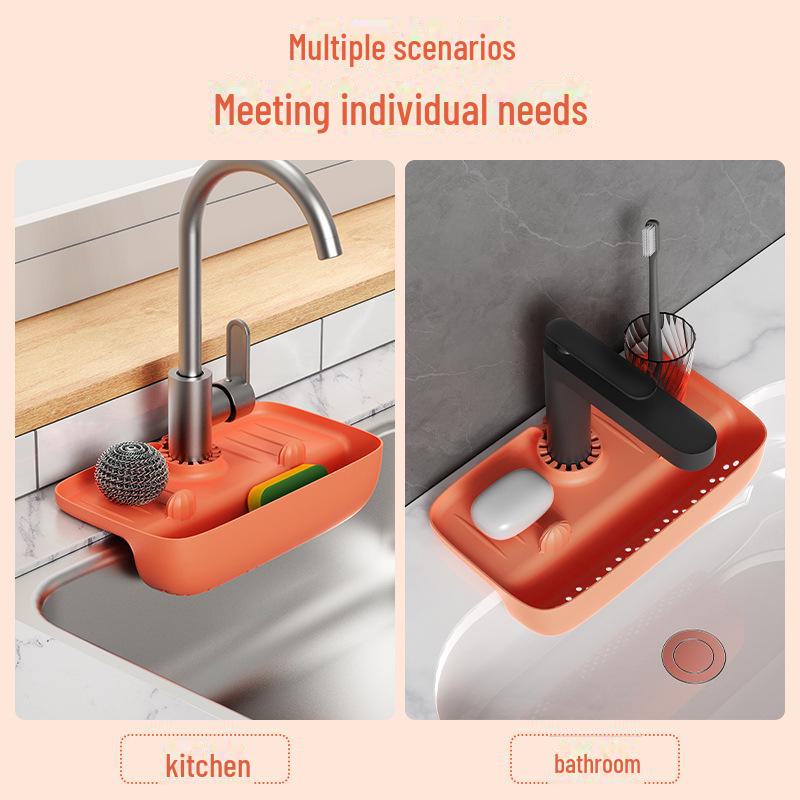 Sink Faucet Splash-Proof Drain Rack: Non-Slip Countertop Pad and Sponge Storage.