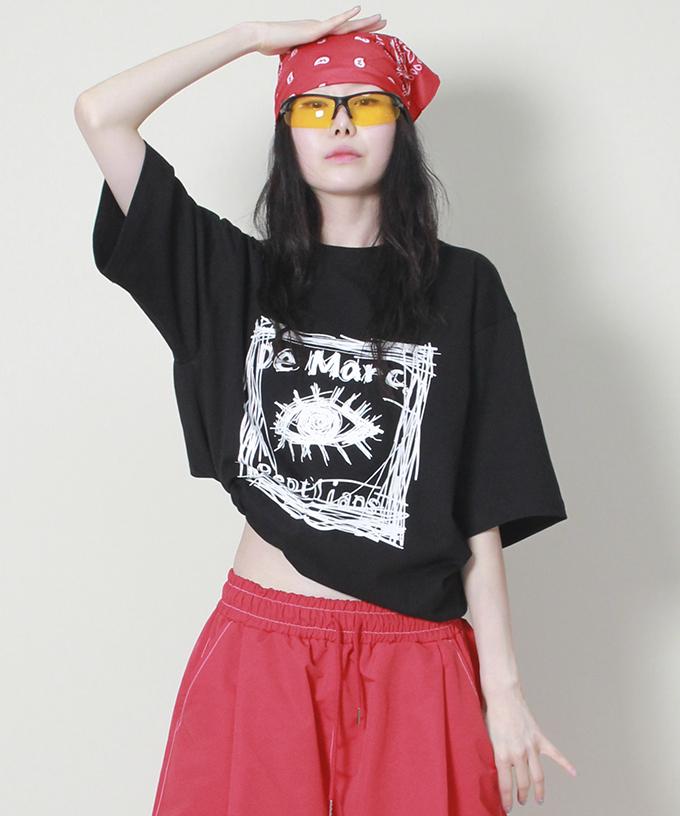 Deumakeu Oversized Square Print Short Sleeve T-Shirt Black