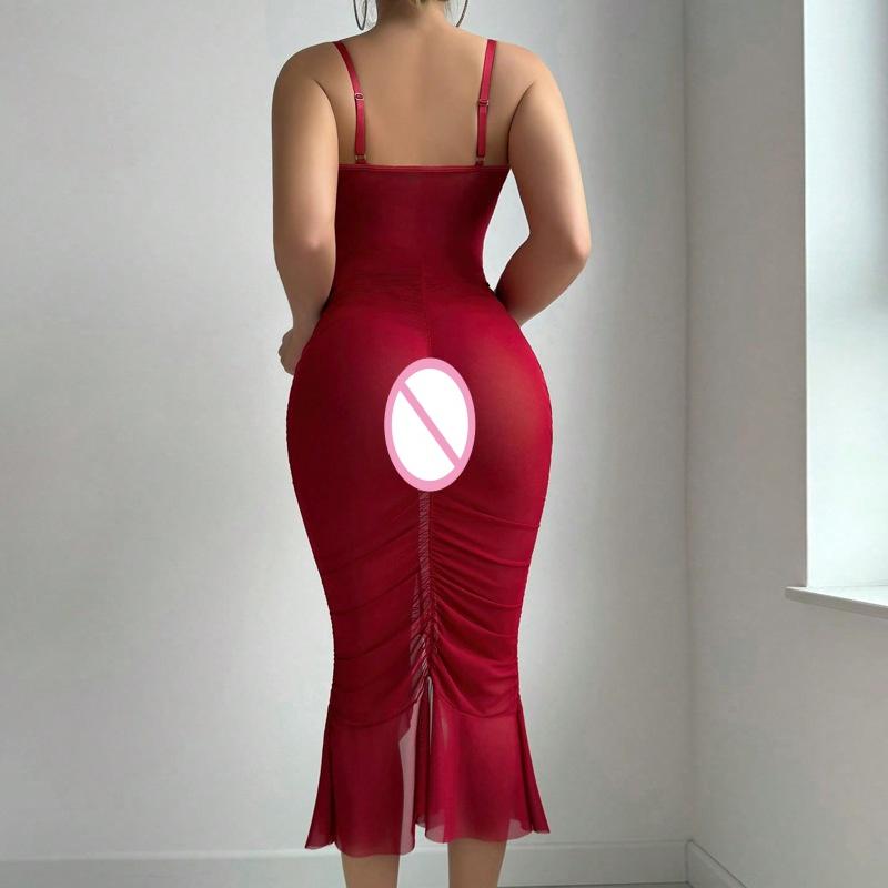 Women See Through Exotic Sets Lace Corset Midi Dress Spaghetti Strap Sheer Mesh Ruched Split Bodycon Sexy Lingerie Nightgown