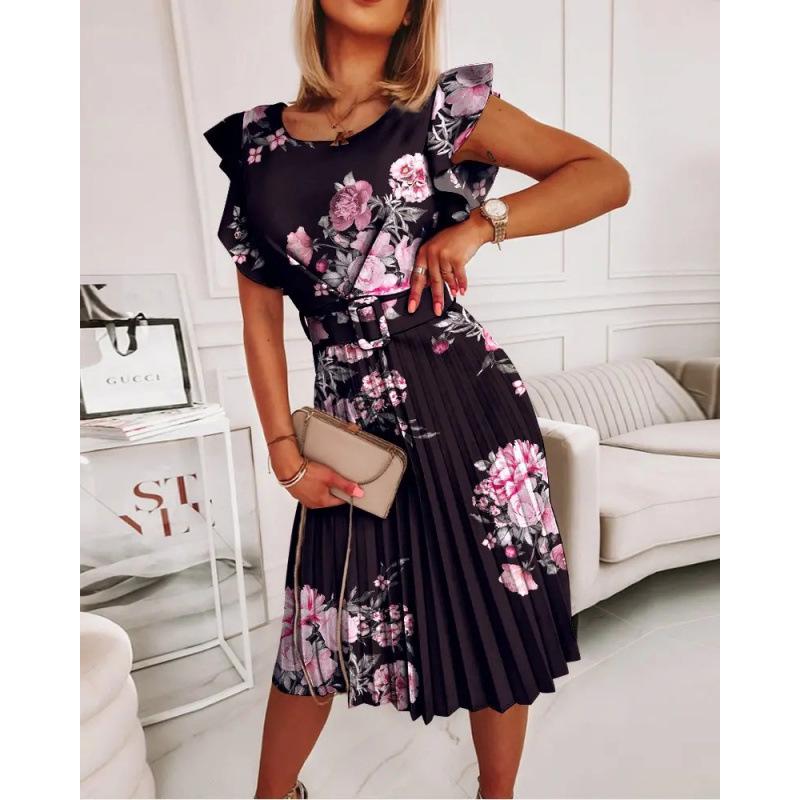European & American Women's Ruffled Round Neck Dress with Printed Fitted Waist