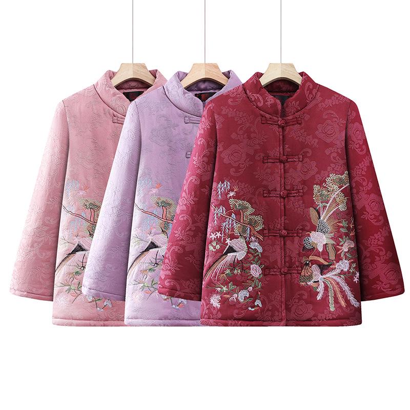 Grandma's Retro Embroidered Cotton Tang Suit Jacket for Elderly Women with Velvet Lining and Frog Buttons