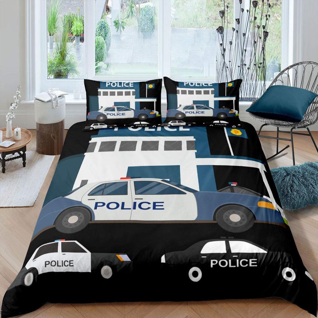 Police Car Duvet Cover Cartoon Set Car Blue Grey Emergency Responder Vehicles Polyester Quilt Cover With Pillowcases King Size