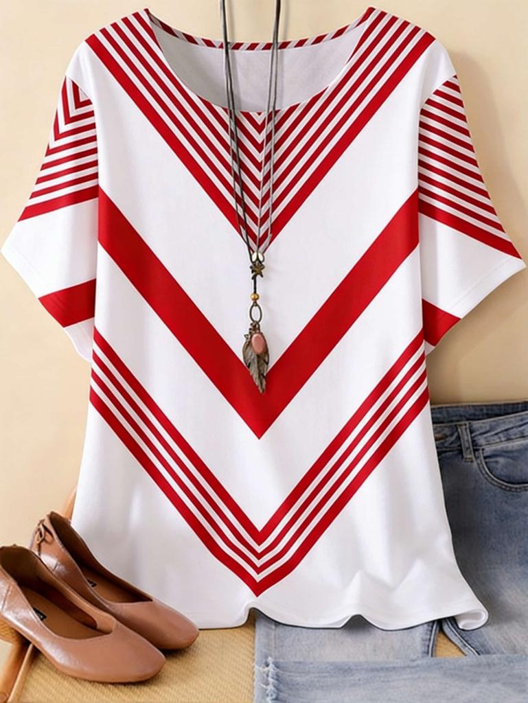 New Women's T-Shirt Summer O-Neck Tees Oversized Casual Short Sleeved Stripes Printed Women Pullover T-Shirts Female Clothing