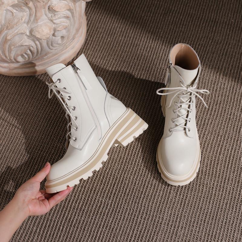 Women's Boots Autumn 2024 New British Style Genuine Leather Women's Ankle Boots Thick-soled Lace-up Shoes Women Platform Boots