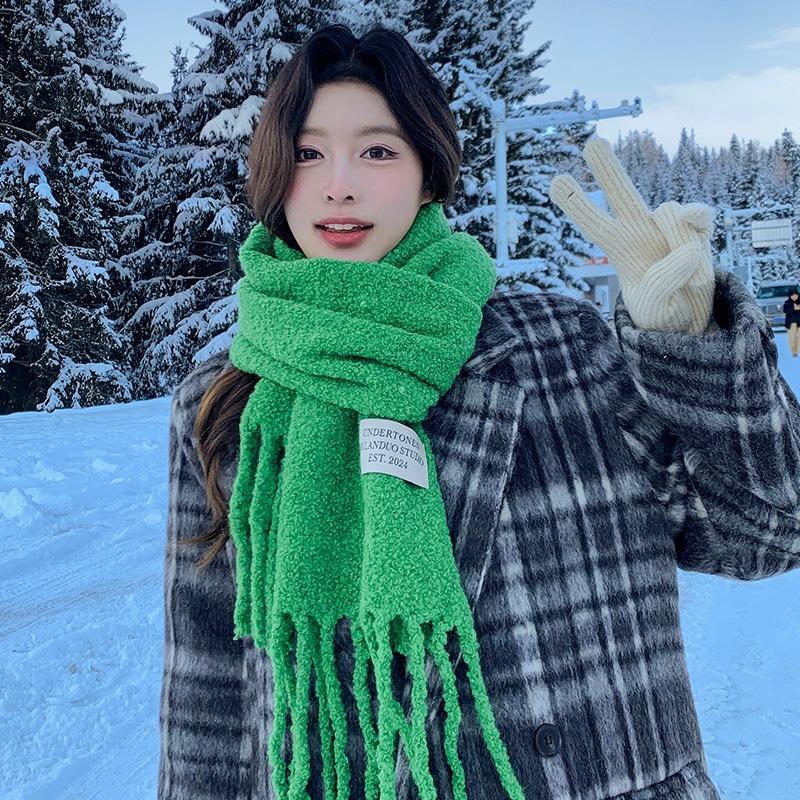 Contains Wool Green Knitted Scarf Women's New Winter Atmosphere Sense Advanced Sense Thickened Warm Scarf