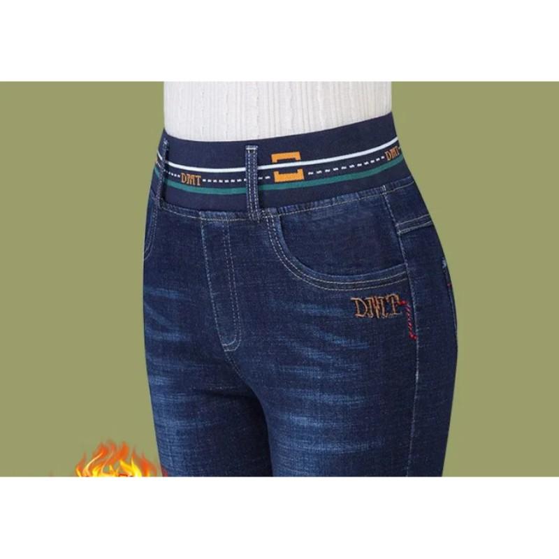 Jeans elasticizzati in velluto invernale da donna, a vita alta, spessi e caldi, pantaloni a matita da mamma