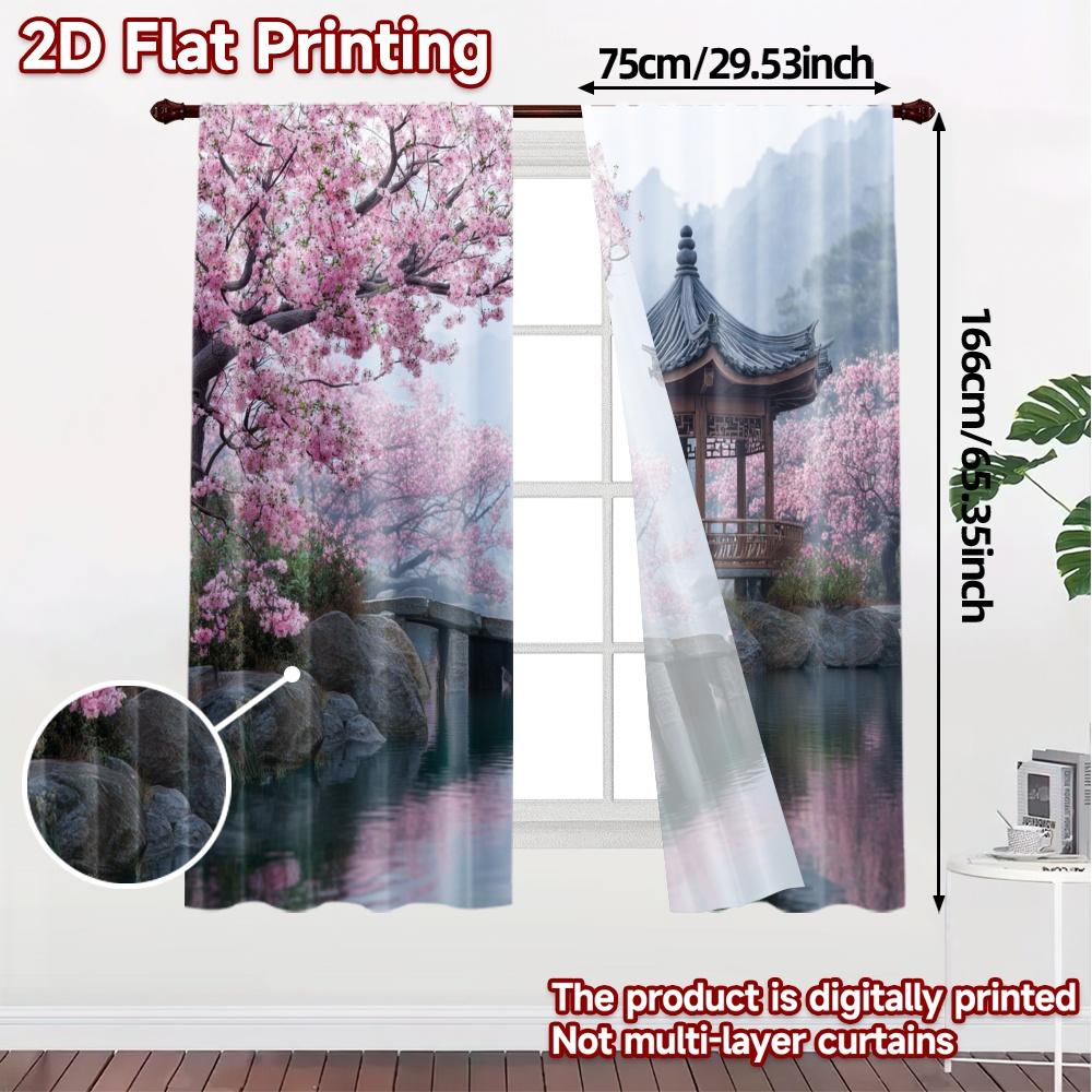 2pcs, 2D FLAT PRINTING Curtains (Without Rod) Cherry Pavilion Chic Pattern Curtains Versatile Polyester Curtains Outdoor