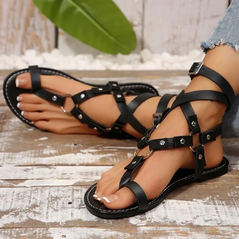 Female Shoes 2025 Plus Size Thong Women's Sandals Daily Casual Sandals Women Rivet Buckle Strap Flat with Ankle-wrap Shoes Women