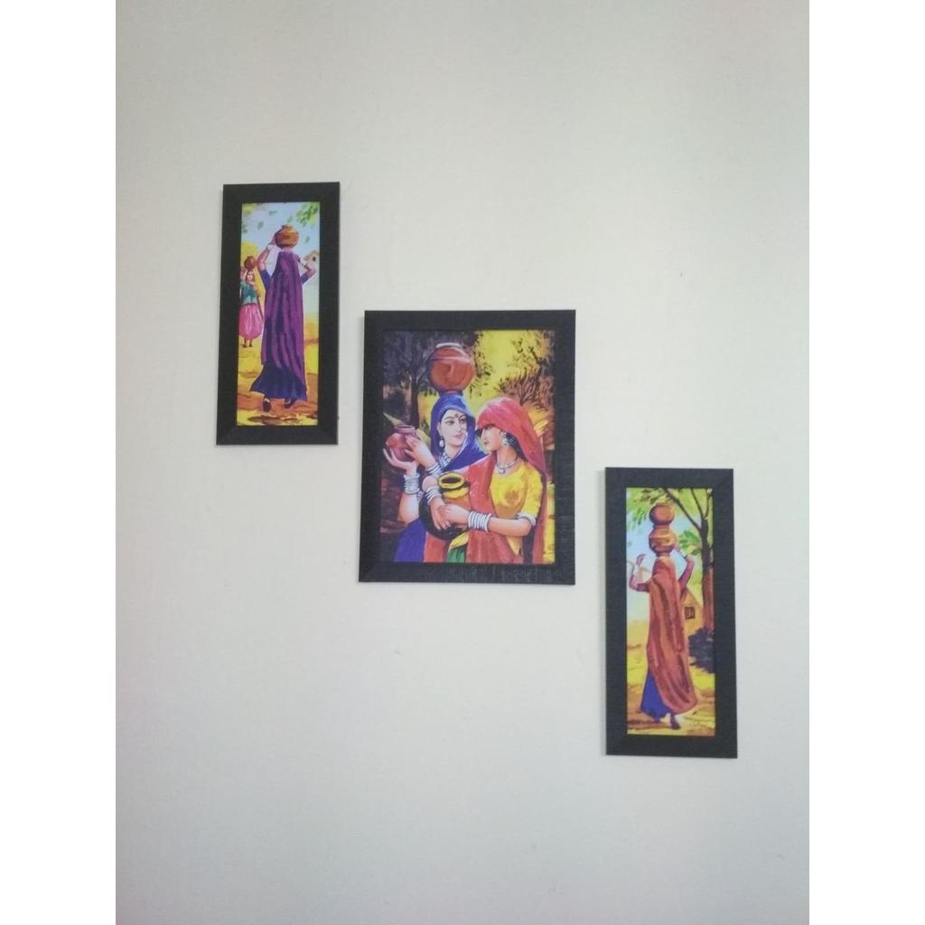 Paper Vastu Indian Village Scene Women Wall Art Painting, Multicolor, Indian Villlage, 13.0 X 22.0 Inches, Set of 3