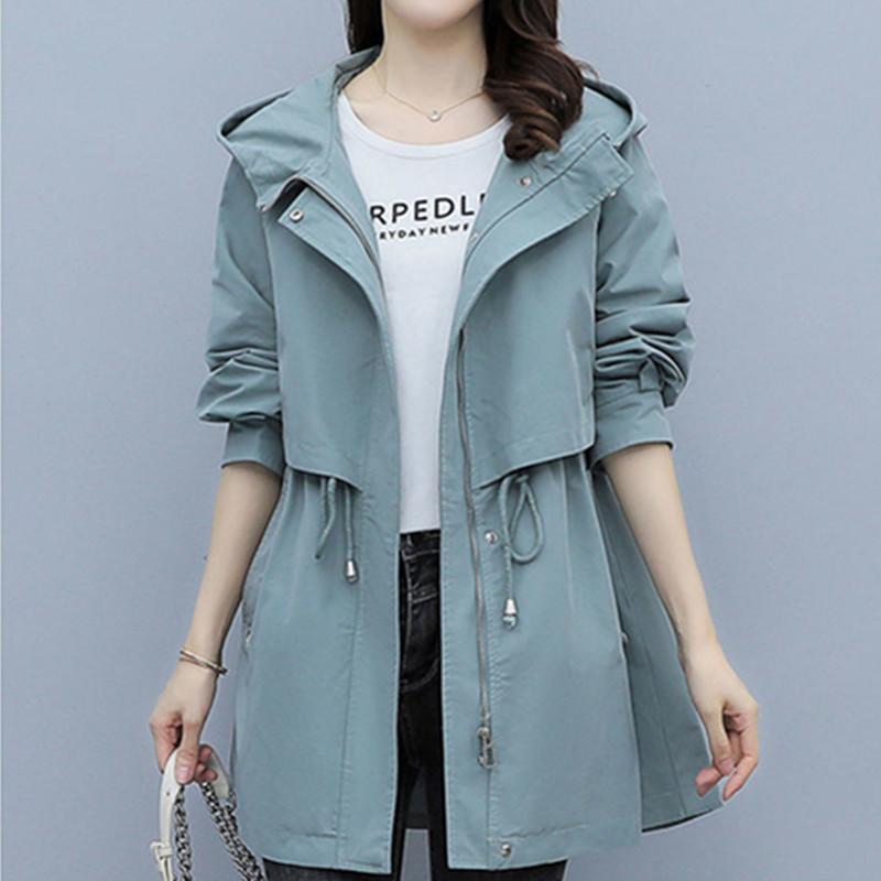 Spring and Autumn Women's Mid-length Trench Coat Hooded Zipper Tie-in Jackets British Style Loose Coats Women's Clothing