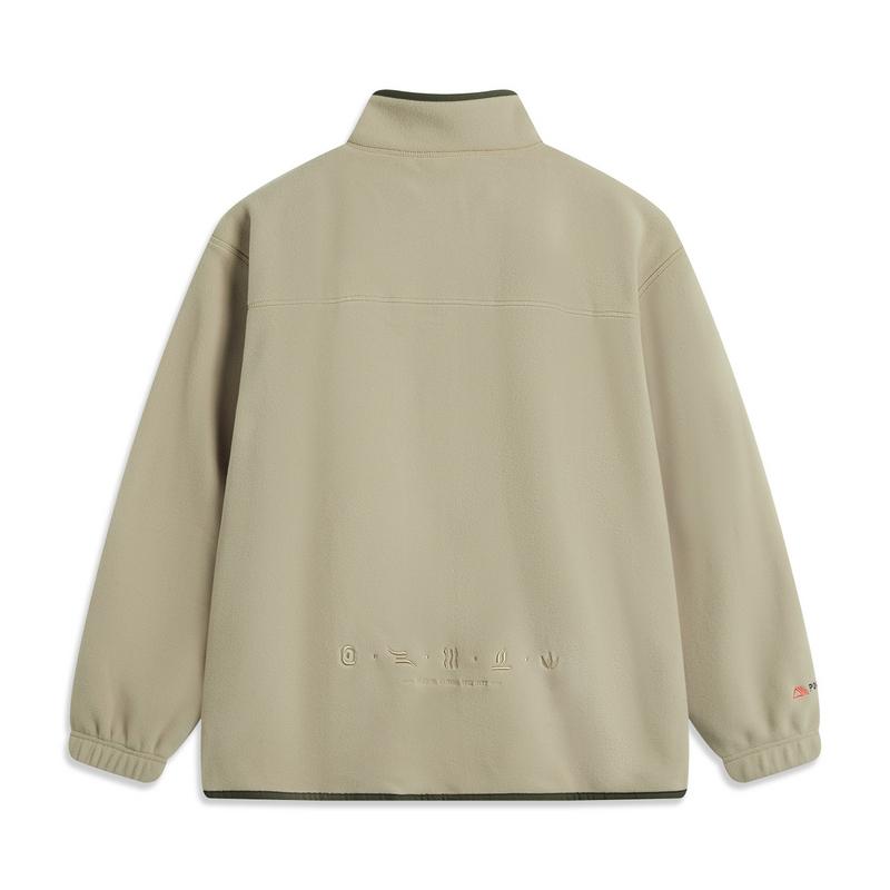 Li Ning Casual Minimalist Solid Color Stand Collar Zipper Fleece Jacket Men Jackets Khaki AWDU703-5