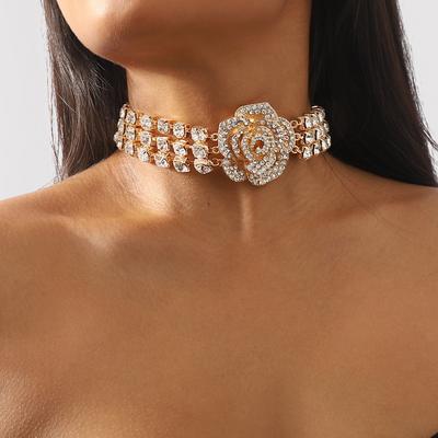 Luxury Full Rhinestone Rose Flower Choker Necklace for Women Multilayer Crystal Clavicle Chain Neck Jewelry Wedding Party