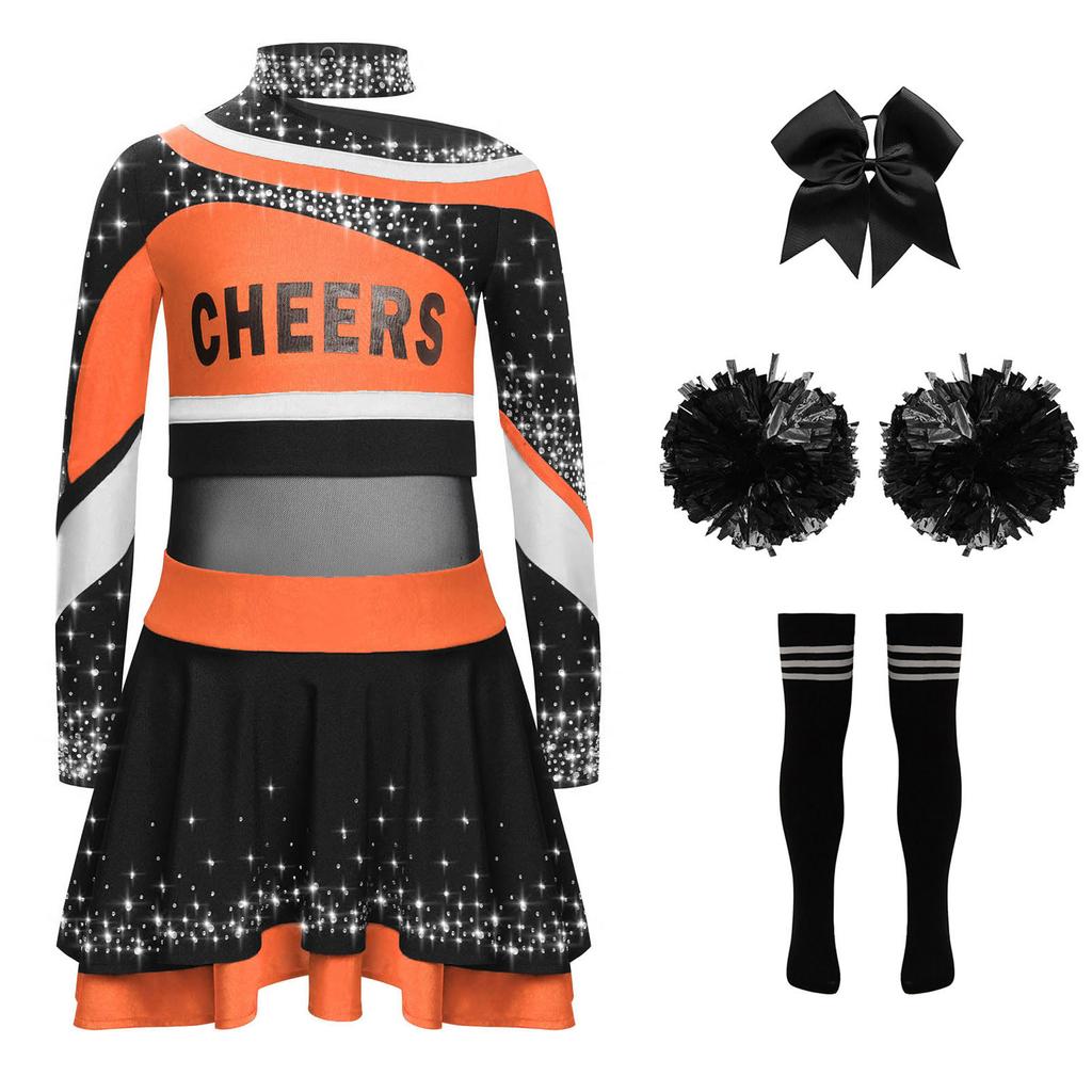 Girls Cheerleading Costume Set Long Sleeve Rhinestone Letter Print Color Block Top Skirt Bowknot Headband Striped Socks Pom Poms
