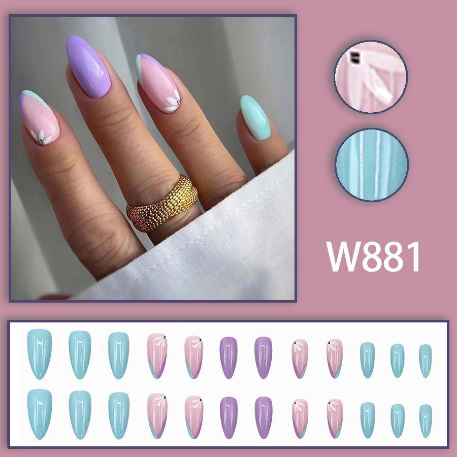 

Миндальные ногти, 24 шт.: Фиолетовый, Розовый, Синий с Милыми Цветочными Украшениями - Универсальный, Простой, Элегантный и Съемный