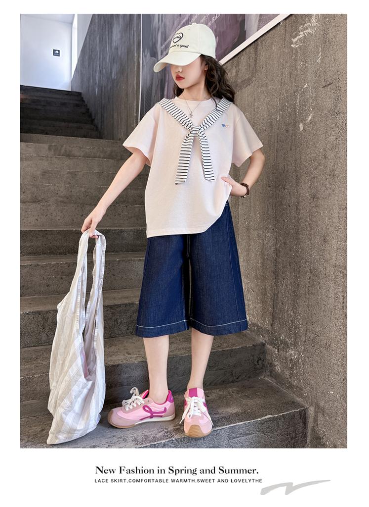 Girls' College Style Set 2026 Summer New Striped Tie T-shirt Clear Color Jeans Middle and Large Children's Two Piece Set
