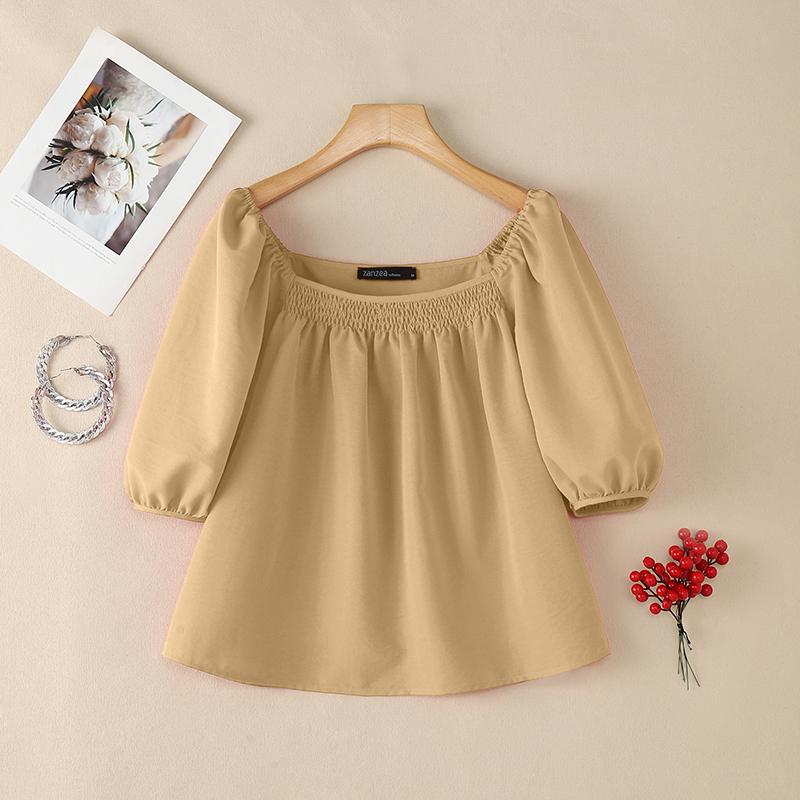 ZANZEA Women Casual Square Collar Loose Summer Short Sleeve Blouse