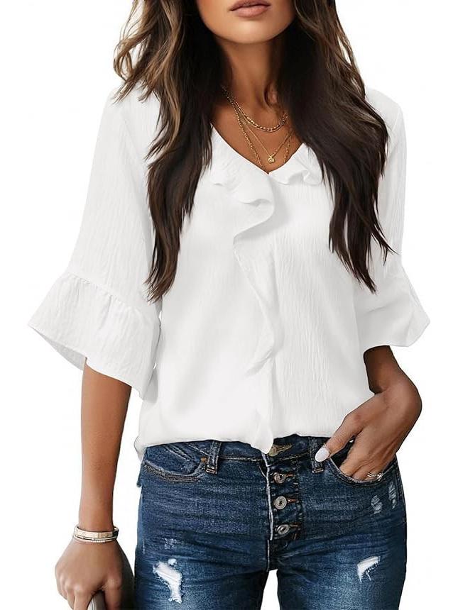 2026 Spring/Summer European & American V-neck Pleated Ruffle Loose Top