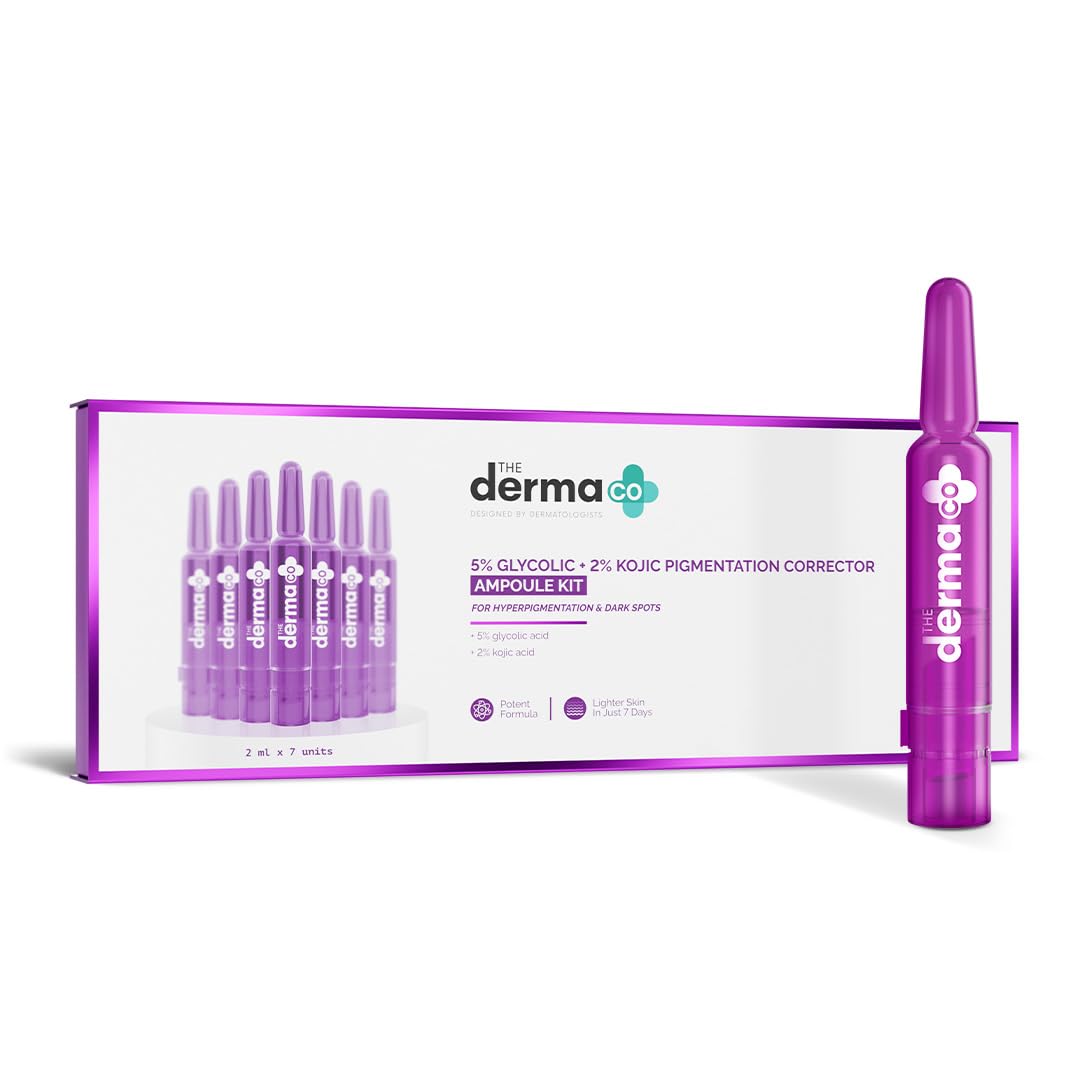 

The Derma Co Набір ампул зі свіжим міксом гліколевої та койєвої кислот для зменшення пігментних плям та надання сяйва. Для всіх типів шкіри. 14 мл