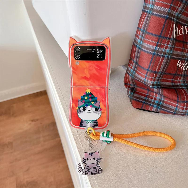 For Samsung Galaxy Z Flip 6 5 4 3 Case ZFlip6 Z Flip6 ZFlip 6 Cute Christmas Cat Pendant Lanyard Cat Ears Shockproof Cover