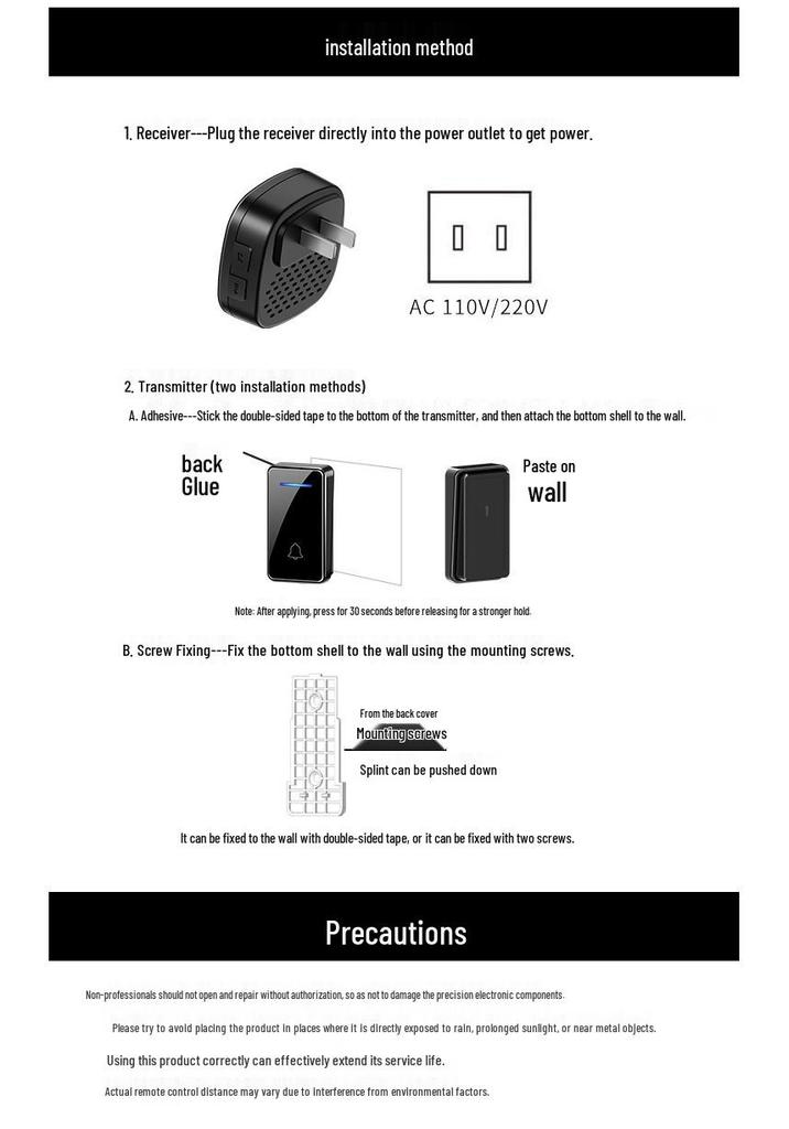 Self-Powered Wireless Waterproof Doorbell, Battery-Free and Wire-Free, for US/EU/UK Standards.