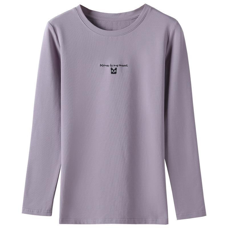 Damen Besticktes Rundhals Langarm T-Shirt, Herbst/Winter, Koreanischer Stil, Übergröße, 95% Baumwoll-Basisschicht
