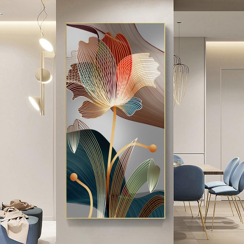 Abstract Flower Picture Canvas Painting New Chinese Golden Luxury Lotus Posters and Prints Wall Picture for Porch Home Decor