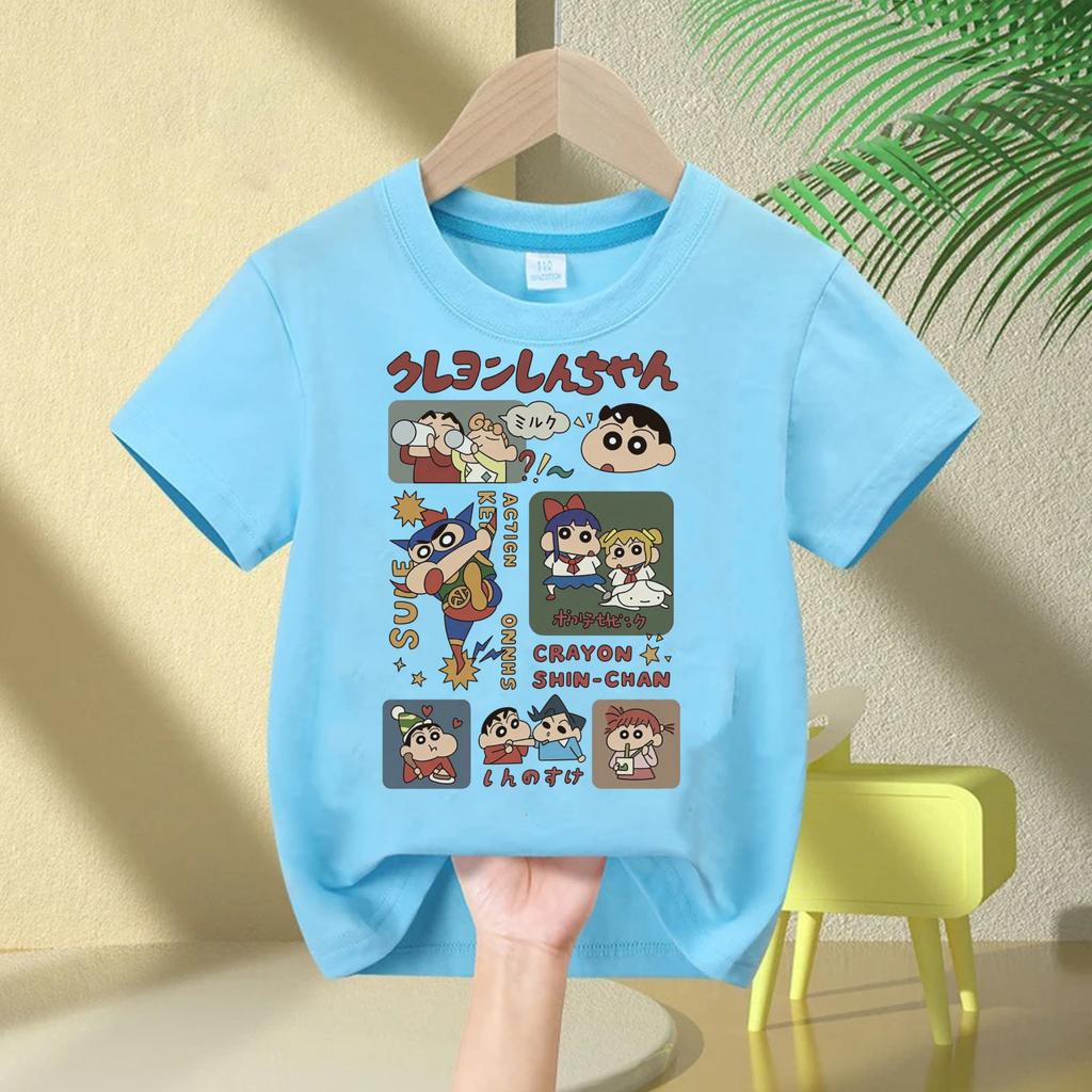 2026 New Summer Cotton Cartoon Crayon Shinchan Print TShirt Summer Fashion Casual Round Neck Cotton Childrens Top