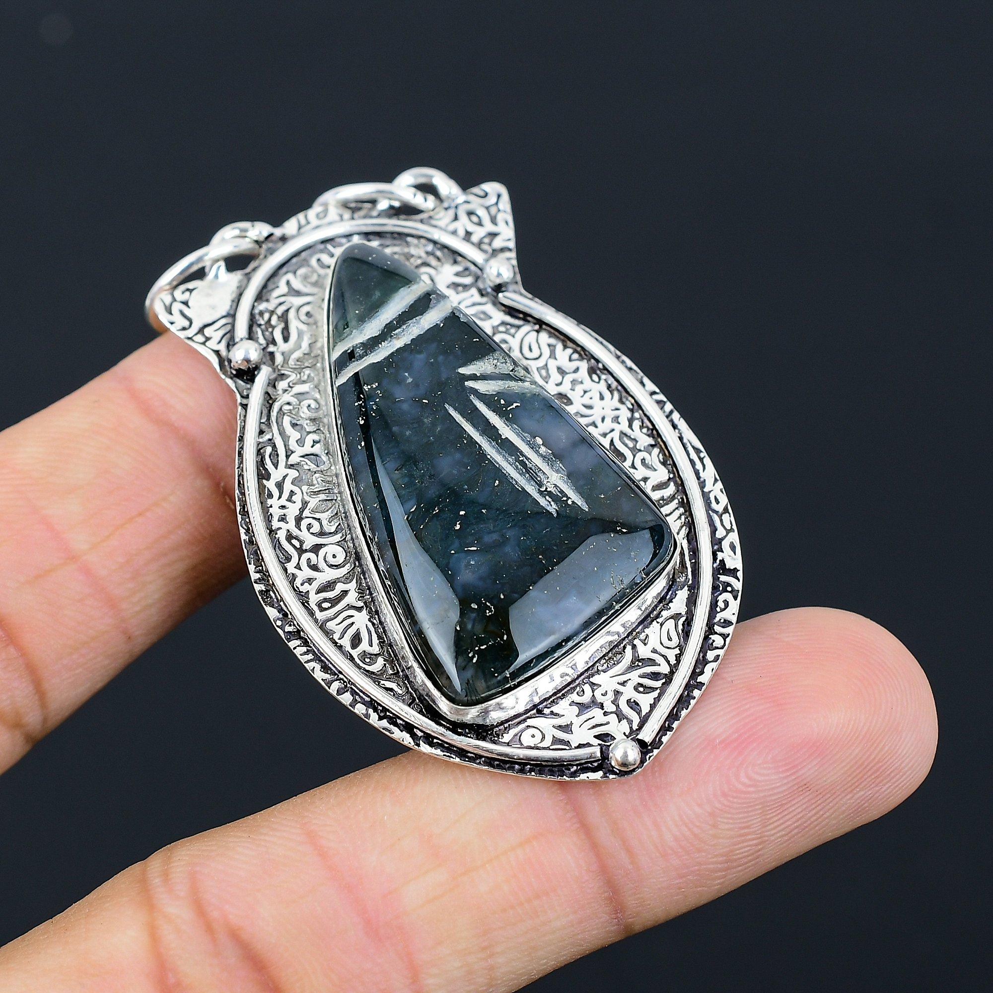 Daughters Day Sale Sterling Silver Carved Solar Moss Agate Stone Wedding Pendant