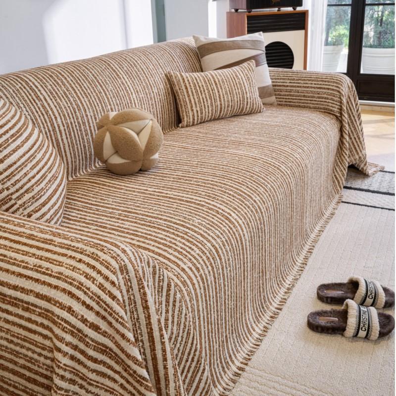 All-Season Universal Non-Slip Fit Soft Chenille Striola Couch Cover Cushion Protector One-Piece Full Coverage Sofa Throw Cover
