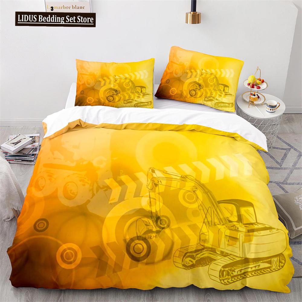 Digger Duvet Cover Set Cartoon Heavy Machinery Truck Crane Mixer Excavator Tractor Pattern For Kid Teen Polyester Bedding Set