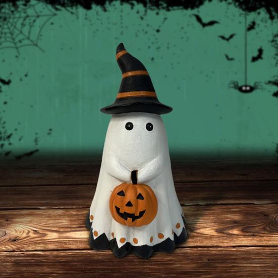 Halloween Ghost Statue Small White Ghost with Pumpkin Figurine Cute Ghost Resin Tabletop Ornament for Indoor Outdoor Halloween Decor