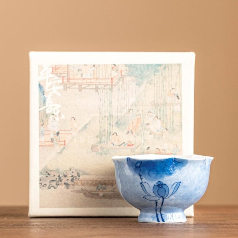 Blue Lotus Hand-painted Master Cup White Porcelain Teacup Single Master Cup Tea Bowl Chinese Kung Fu Teaset Drinkware Teaware