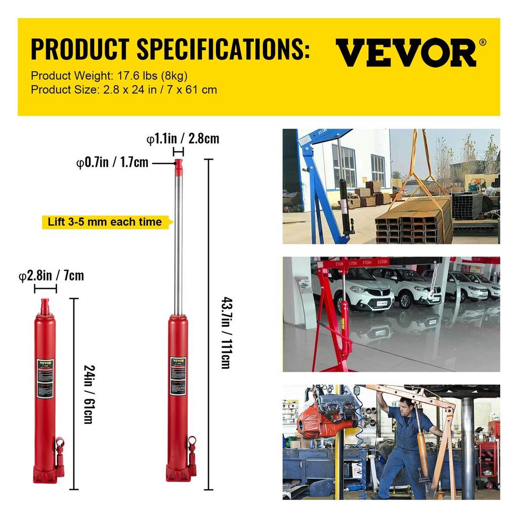 Hydraulic Long Ram Jack, 4 Tons/8818 Lbs Capacity, with Single Piston Pump and Flat Base, Manual Cherry Picker with Handle, for Garage/Shop Cranes,