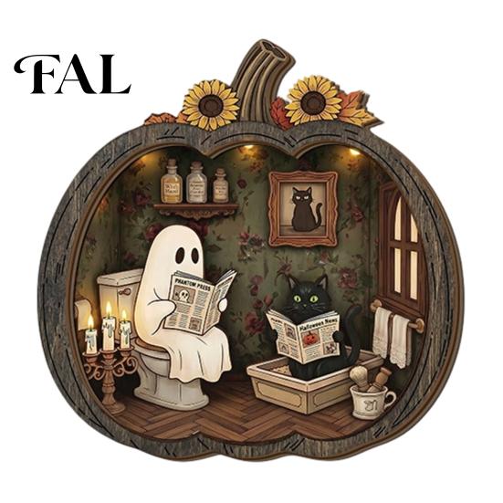 Whimsical Ghost Book Nook Halloween Wooden Tabletop Ornament, 2D Flat Cute Reading Bathing Fall Harvest Home Decoration Watering Plaque with Stand for