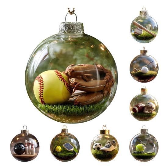 Vtipné 3D ozdoby na vánoční stromek ve tvaru sportovních míčů, mikroscéna, sportovní sváteční ozdoba, čirá koule