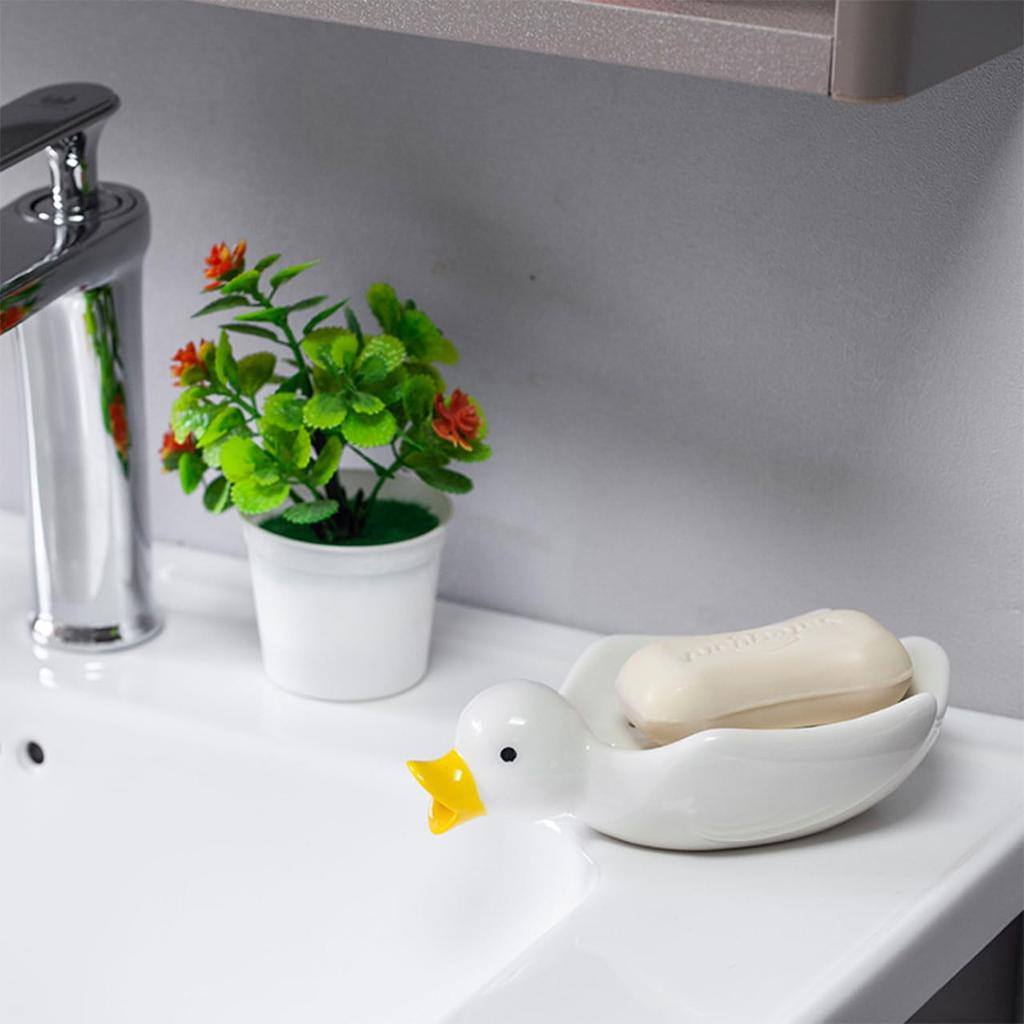 [Queen-b] Cute Duck Soap Dish, Soap Tray with Flowing Water, Bathroom Sink, Hand Soap Tray, Soap Decor (White)